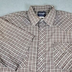 Wrangler Western Shirt Men's Size 17 Tall Gray Plaid Pearl Snap Short Sleeve